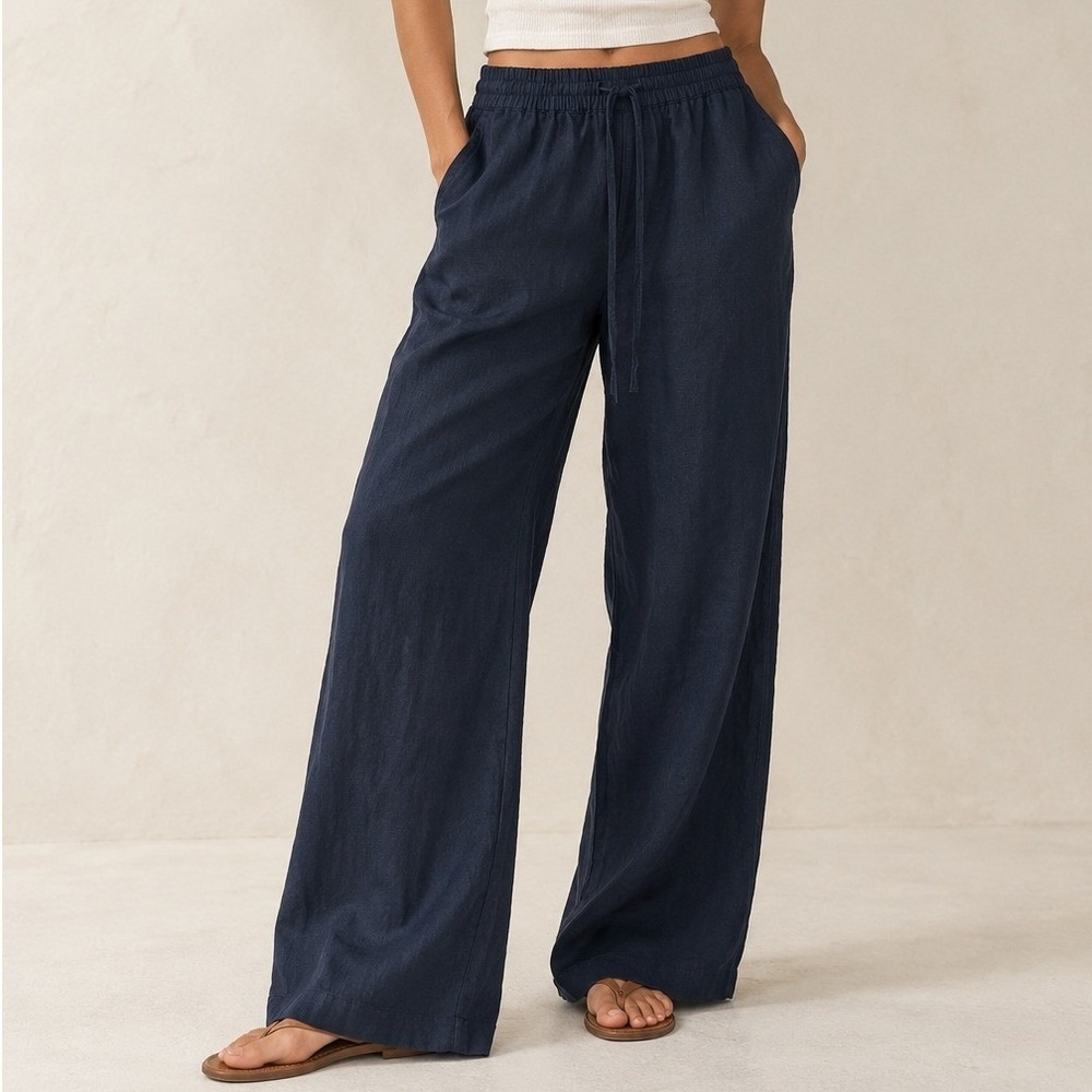 J. McLaughlin Linen Pants Women S Navy Blue Wide Leg Drawstring Trousers Capsule